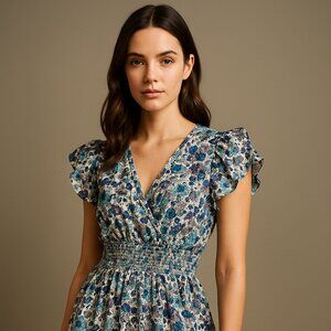 Sincerely Jules Blue & Purple Floral Smocked Waist Dress - Size Small